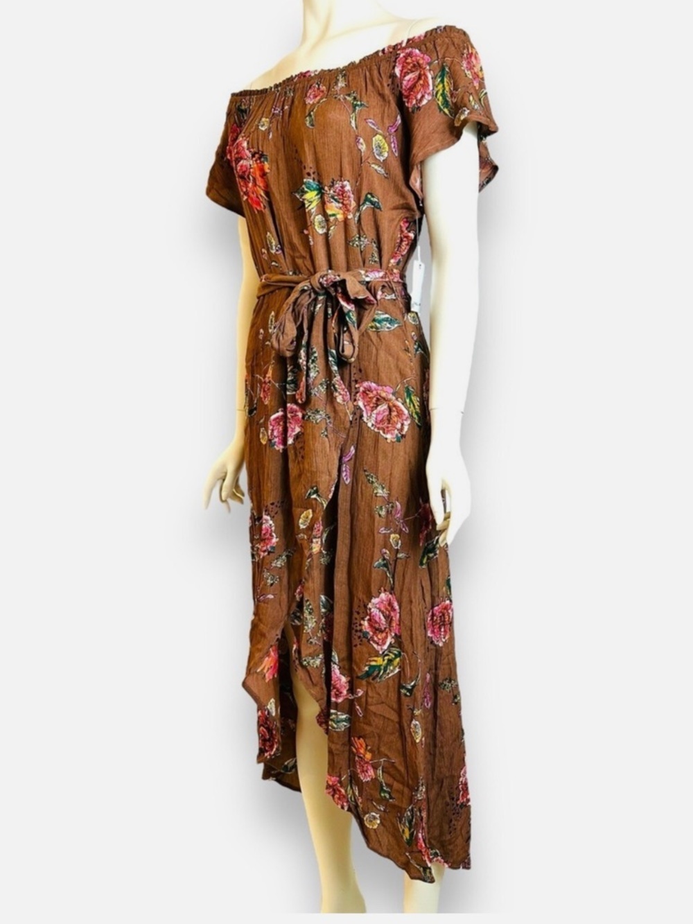 O'Neill Conners Off The Shoulder Midi Dress Large Women's Floral Brown Tie - Picture 5 of 6